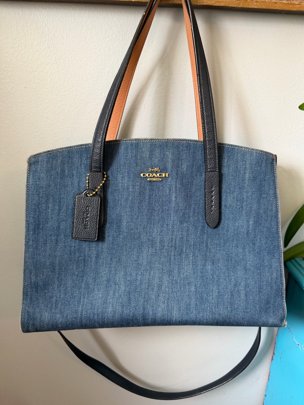 COACH Charlie Carryall Denim Blue Leather Tote Shoulder Bag Purse Handbag Rare